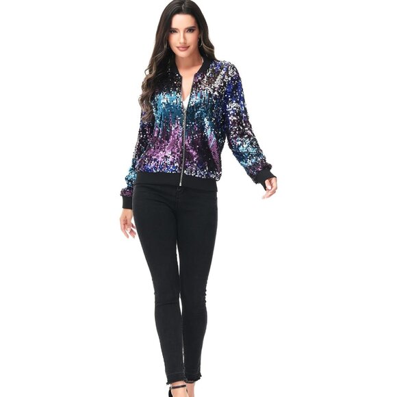 Brand New Women Midnight Blue Polyester  Sequin Bomber Jacket Ribbed Cuffs - Picture 7 of 7